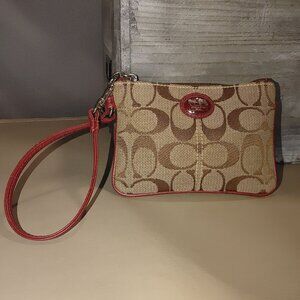 Coach Brown Red Signature Wristlet Clutch C Jacquard Satin Lining Zipper Closure